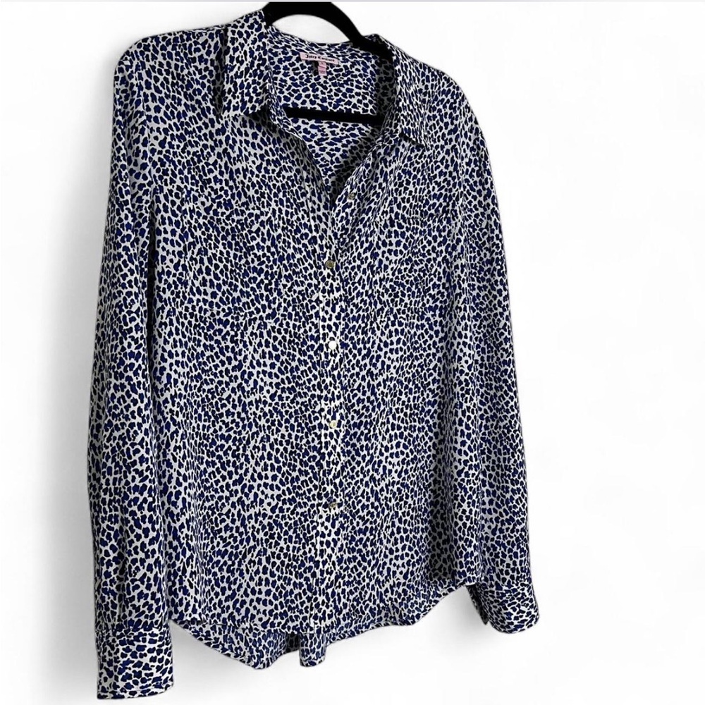 Juicy Couture Blue Cheetah Print Button Down Blouse - Size Large - Picture 2 of 4
